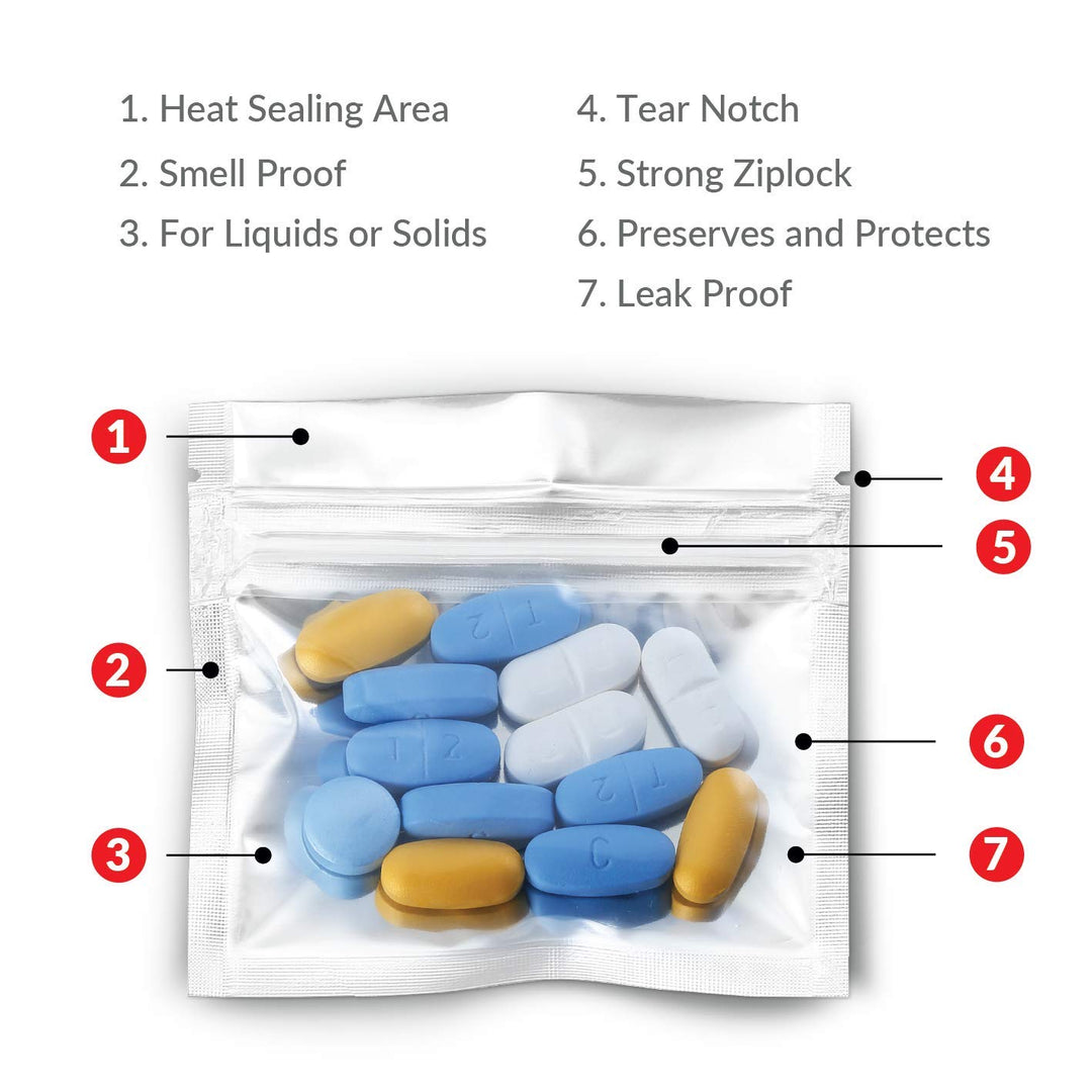 100 Pack Mylar Smell Proof Medicine Bags - Ziplock Accessory Bags with Dual Tip Permanent Marker; Pill Pack Baggies for Medicine, Jewelry, Hardware; Strong Zipper Sealed Pill Pouches (3 x 2, Silver)