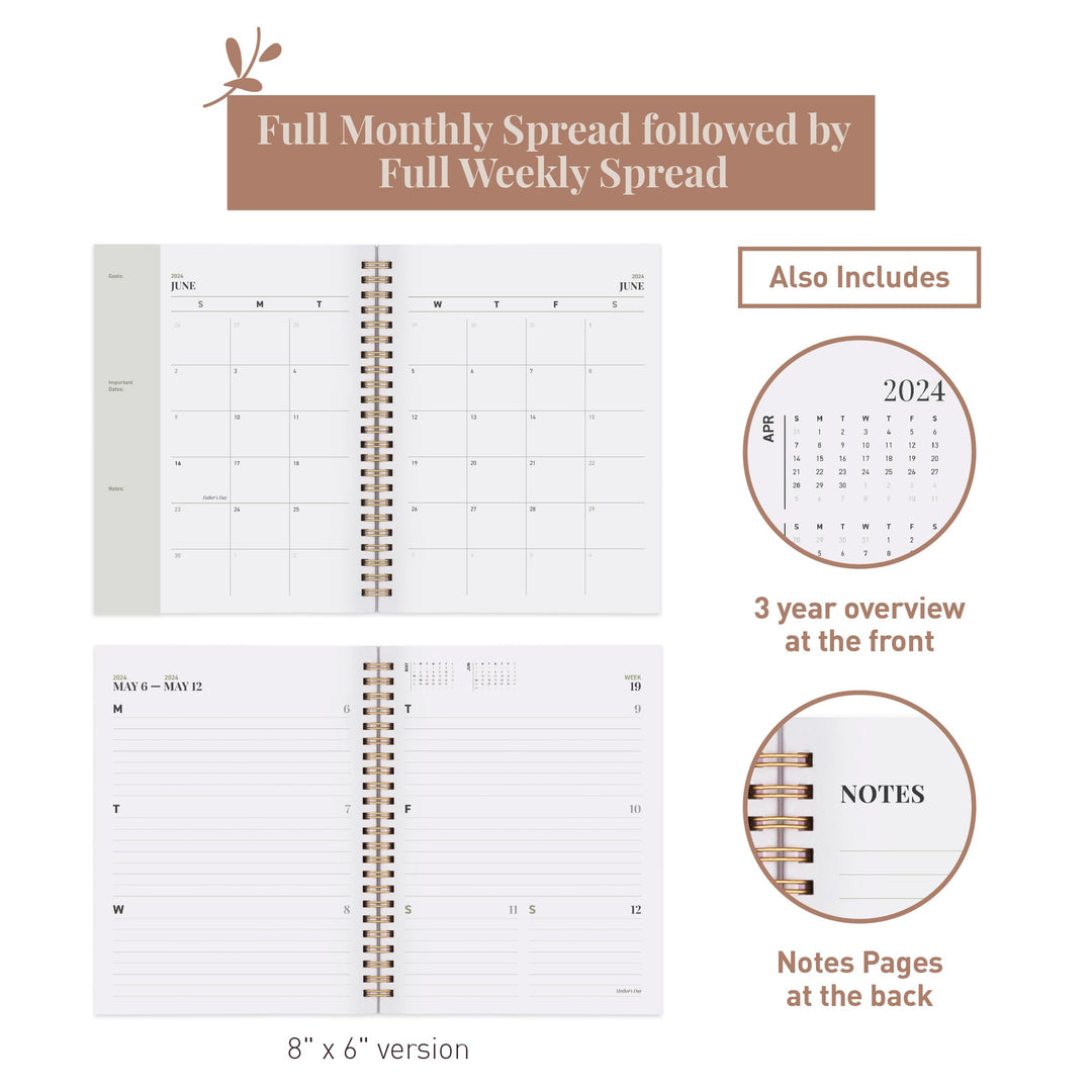 Rileys 2024 Weekly Planner - Annual Weekly &amp; Monthly Agenda Planner, Jan - Dec 2024, Flexible Cover, Notes Pages, Twin-Wire Binding (8 x 6-Inches, Green)