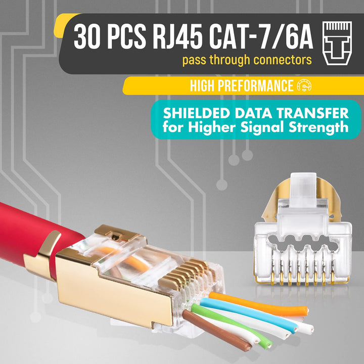 RJ45 Cat7 &amp; Cat6A Pass Through Connectors - 30 Pcs, 50UM Gold Plated Shielded FTP/STP External Ground for 23 AWG Network Cable