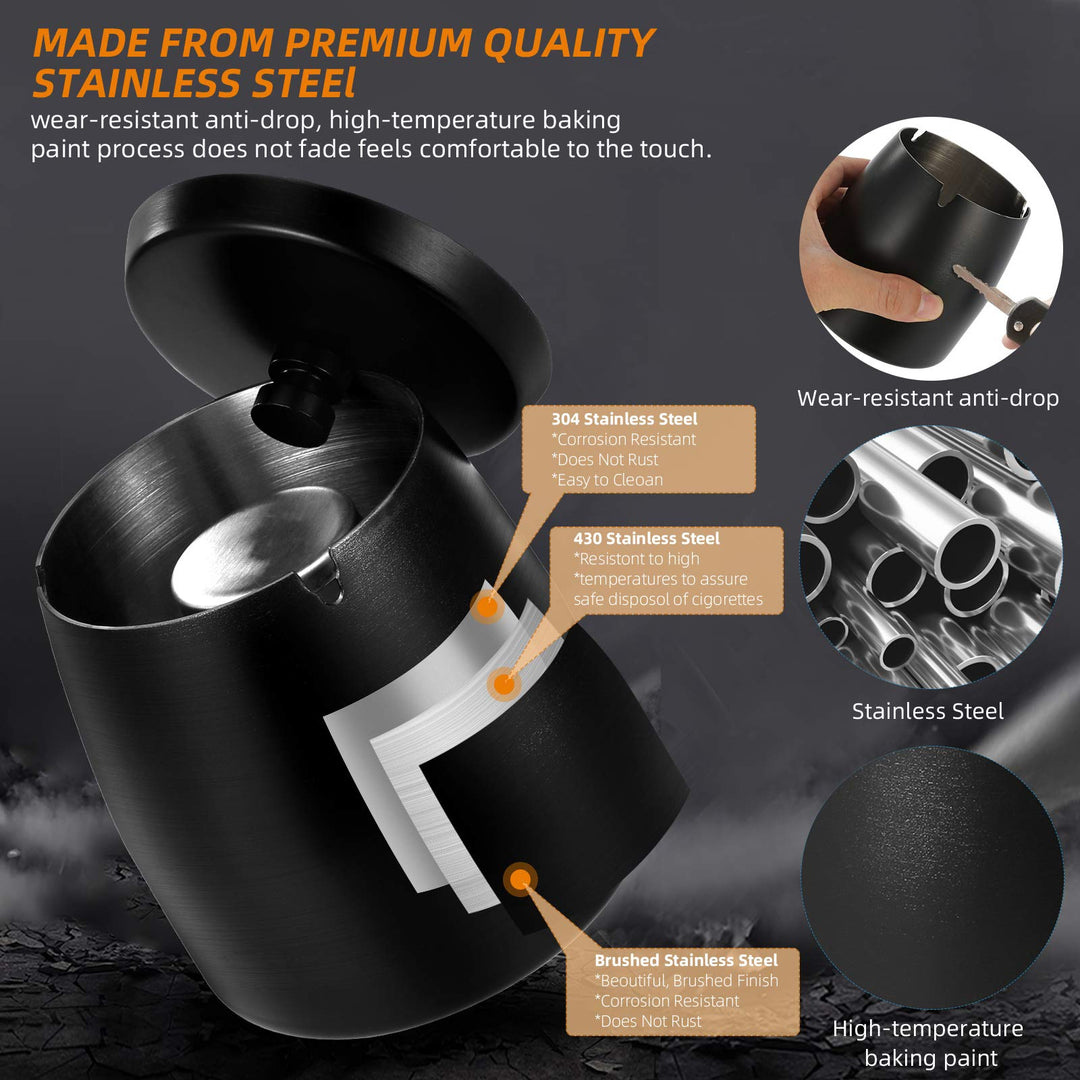 Outdoor Ashtray with Lid Smokeless Stainless Steel Ash Trays Covered Windproof Smell Proof Ashtrays for Outside Patio Home Odorless Office Tabletop