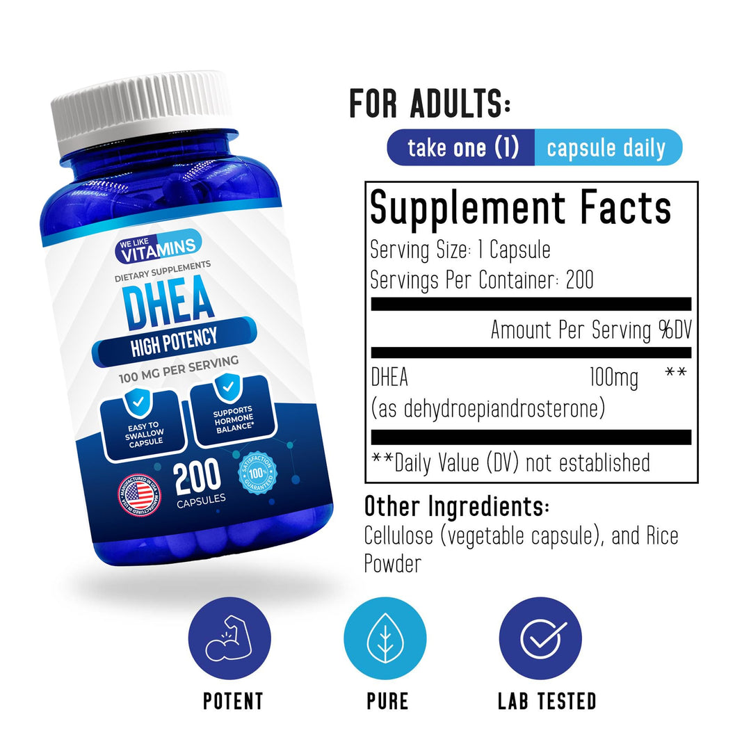 We Like Vitamins DHEA 100mg 200 Capsules - 200 Day Supp