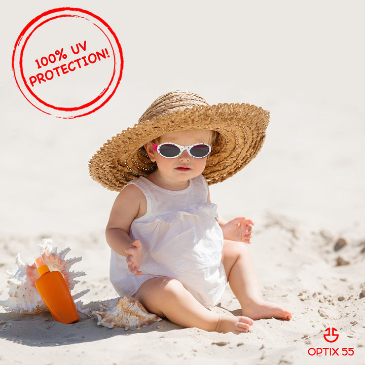 Baby Sunglasses 0-6, 6-12 month - Age 3 Years | Infant, Toddler Girl &amp; Boy Sun Glasses with Adjustable Strap, Baby Beach Gear | UV 400 Protection | Soft Rubber Frame Sunshades with Case (white)