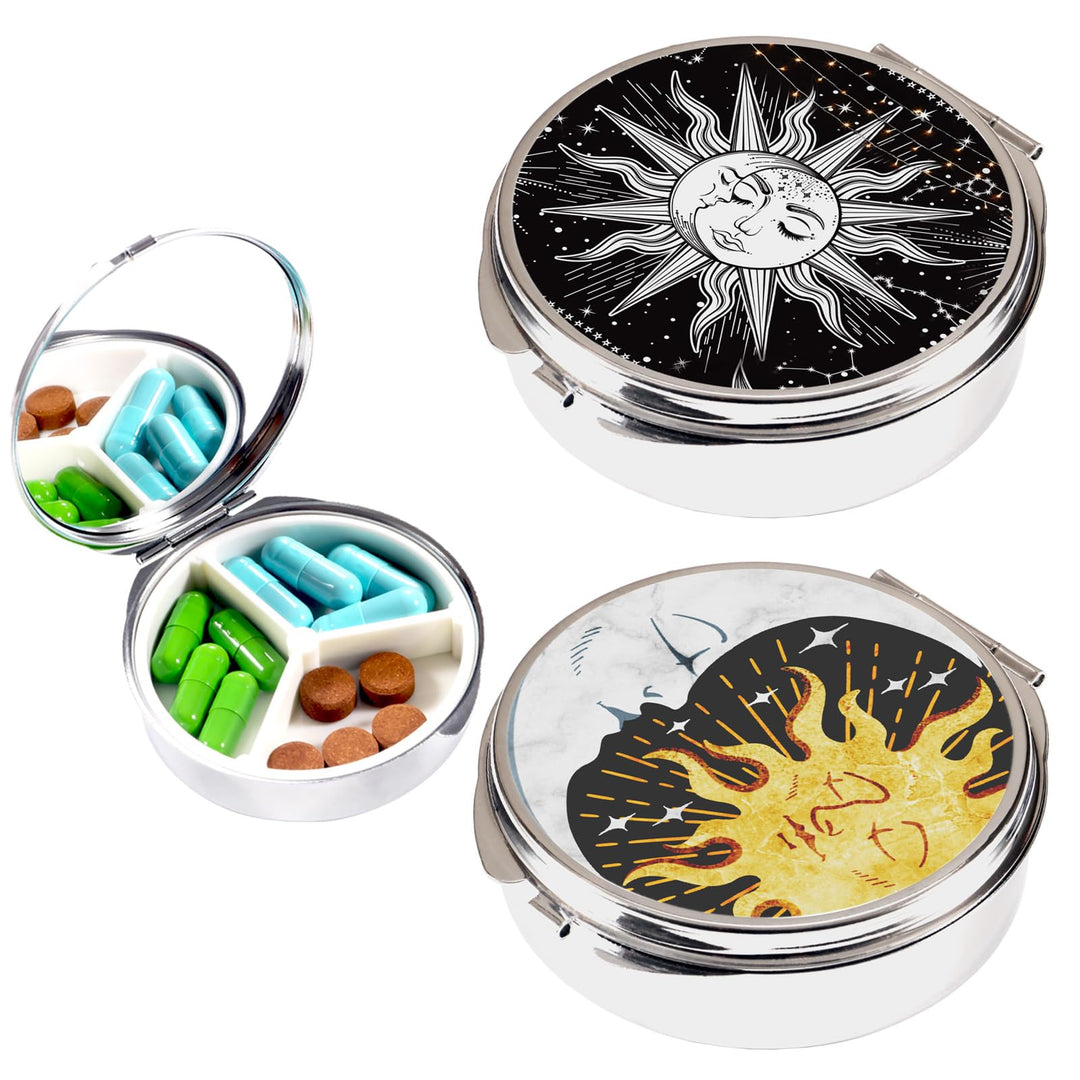 2pcs Pill Box,3 Compartment Small Pill Case for Pocket & Purse, Cute Travel Metal Pill Organizer,Portable Pill Container and Medicine Vitamin Organizer