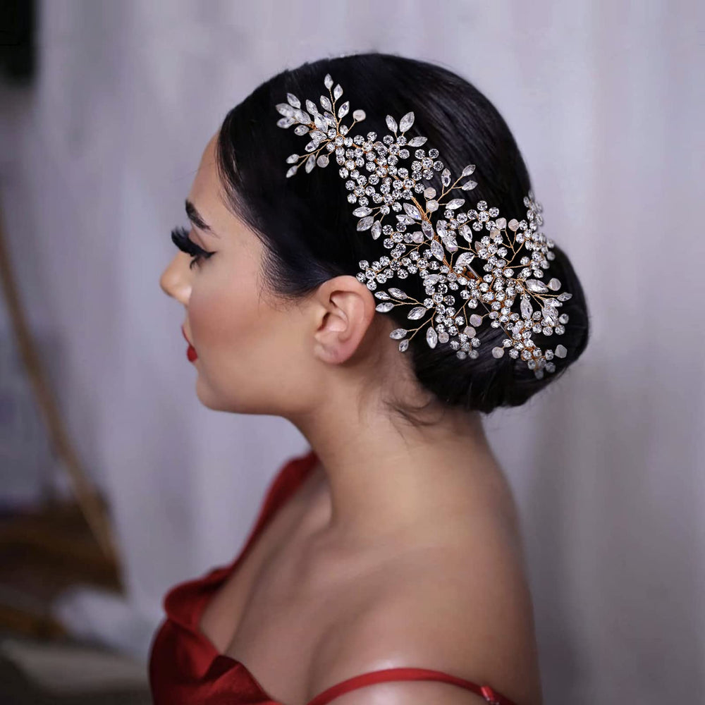 2 Pack Bride Wedding Headbands, Rhinestone Bridal Bridesmaid Hair Clips Accessories, Flower Girls Headpieces for Women (Gold)