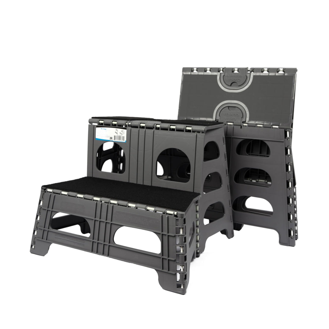 2 Step Folding Dog Stairs &amp; Ramp for Your Pet - Indoor Outdoor Foldable Pet Stairs for High Bed, Car, SUV – Collapsible Step Stool Ladder Supports 300lbs