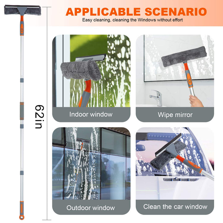 Professional Window Squeegee Cleaner, 2 in 1 Shower Squeegee with Extension Pole, 62‘’ Telescopic Window Washing Equipment with Bendable Head, Glass Cleaning Tools for Indoor/Outdoor High Window