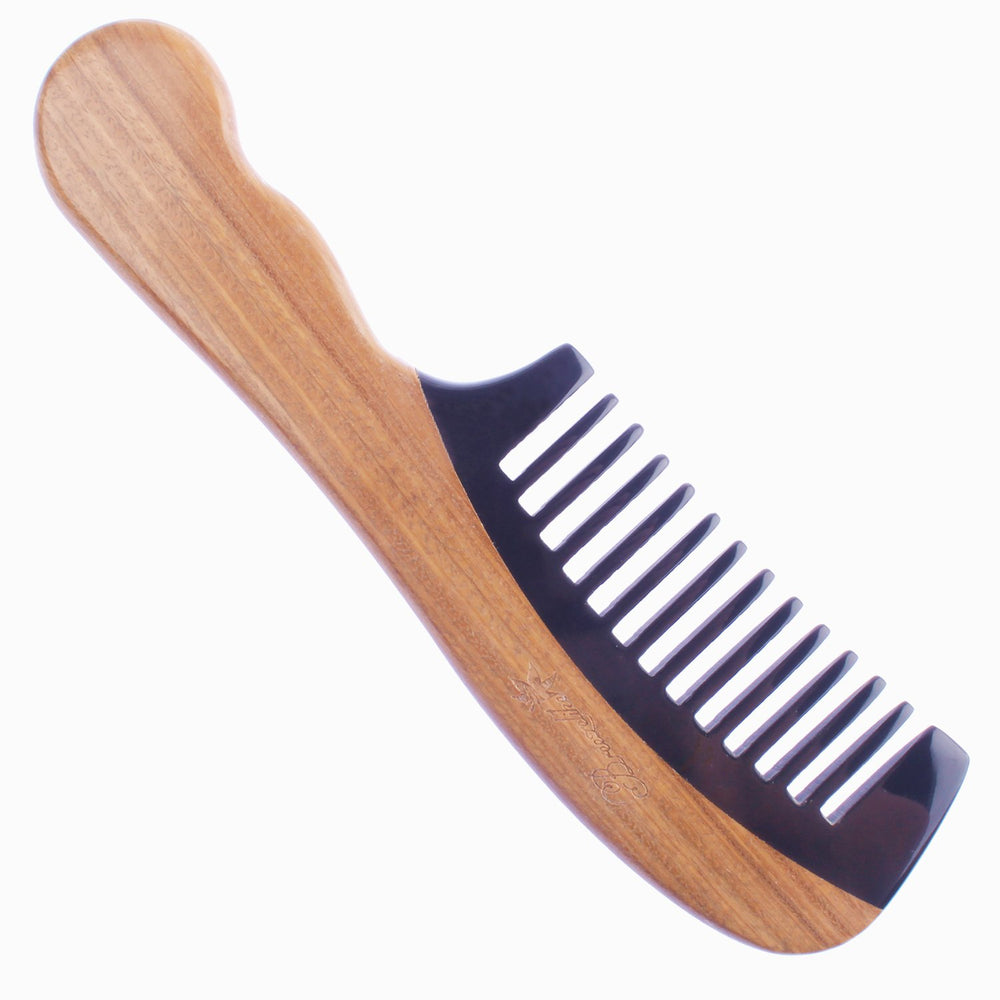 Sandalwood Hair Comb - Wavy Handle Wide Tooth Comb for Women - No Static Wooden Black Buffalo Horn Comb for Detangling