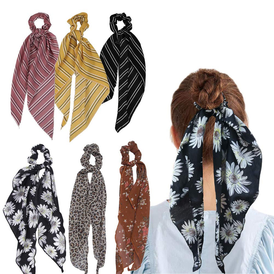 Silk Satin Hair Scrunchies, Hair Scarf with Bow Silk Elastic Hair Bands, Solid Colors Hair Scarf for Ponytail Holder (6 Pcs Solid Colors-B)