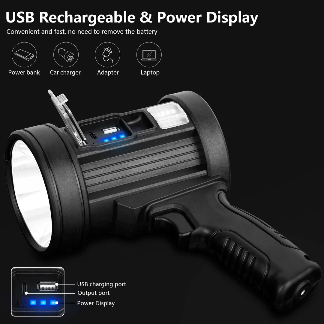 Rechargeable Spotlight, 1000,000 Lumens Handheld Hunting Flashlight Led Spot Light with Cob Light and Solar Panels, Lightweight and Super Bright Spotlight for Hunting Boating Camping