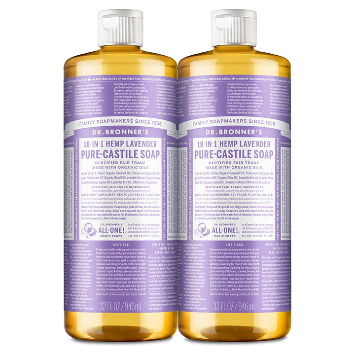 Dr. Bronner&#39;s - Pure-Castile Liquid Soap (Lavender, 32 ounce, 2-Pack) - Made with Organic Oils, 18-in-1 Uses: Face, Body, Hair, Laundry, Pets and Dishes, Concentrated, Vegan, Non-GMO