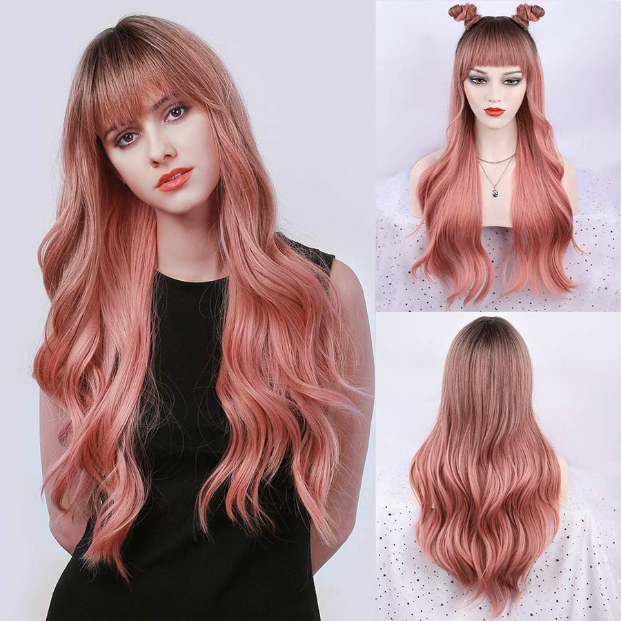 Ombre Pink Wig with Bangs Long Pink Wavy Wigs for Women Long Pink Wavy Wig Pink Ombre Heat Resistant Wigs for Daily Party(Ombre Pink 26inch)