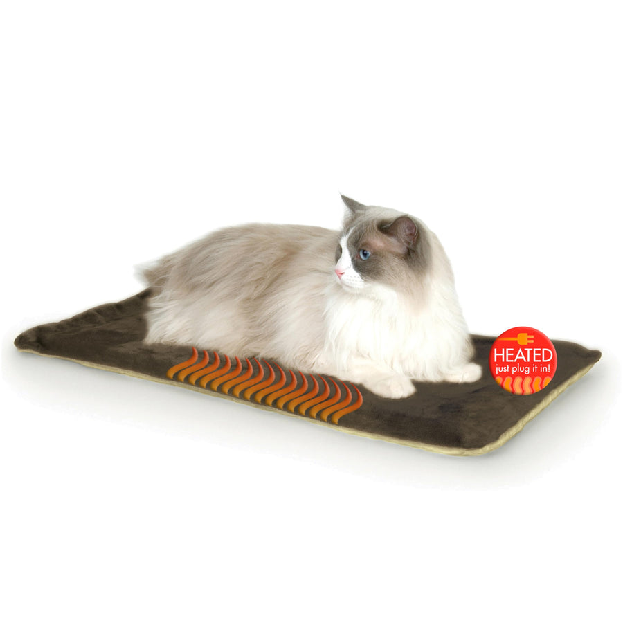 Heated Cat Bed Pad for Indoor Cats, Thermo-Kitty Mat Calming Warm Pet Heating Pad for Inside Pets, Machine Washable, Waterproof Heater, Safety Listed - 12.5 X 25in Mocha/Tan