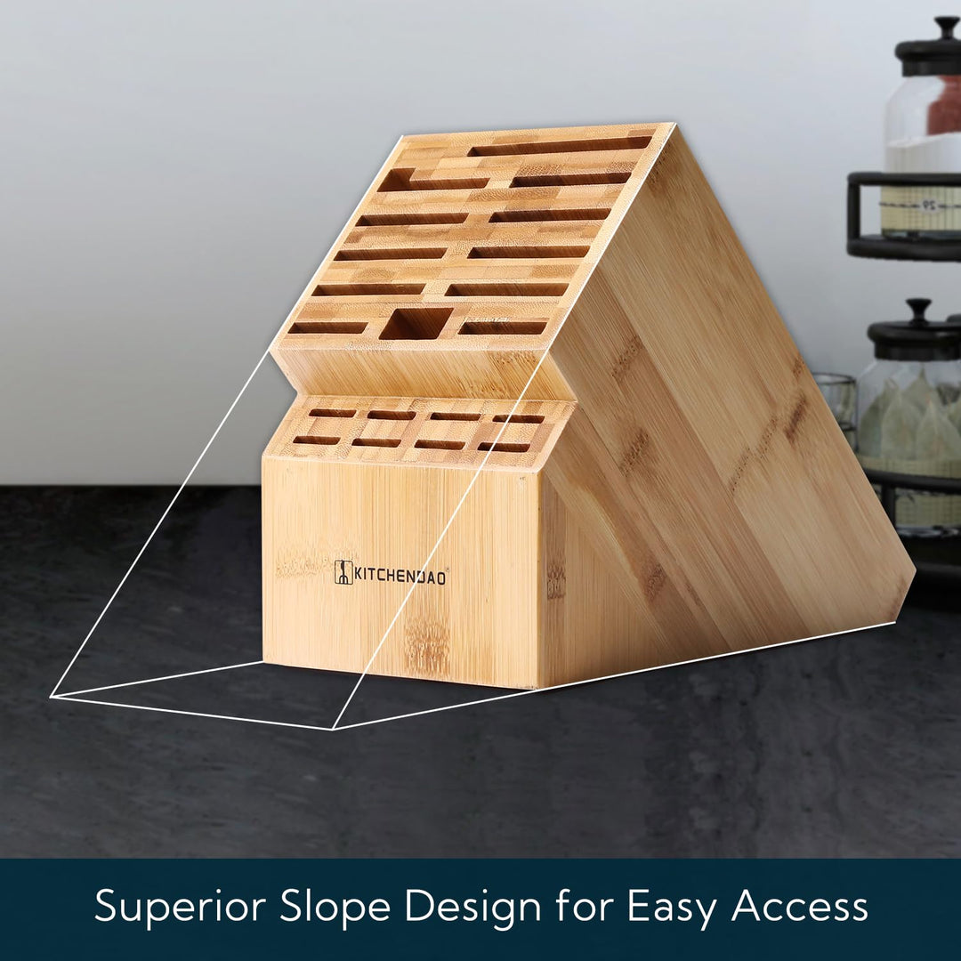 Deluxe 20 Slot Bamboo Knife Block Holder without Knives, Countertop Butcher Block Kitchen Knife Stand, Hold Multiple Large Blade Knives, Wider Slots for Easier Storage