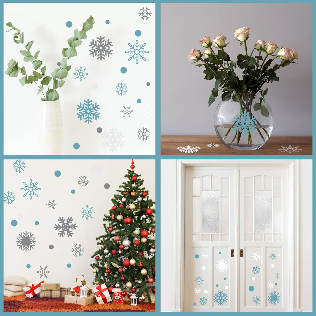 249 Pcs/ 6 Sheets Christmas Snowflakes Wall Decals Snowflake Wall Christmas Winter Silver and Blue Wall Decals Removable Home Decor for Christmas Party(Blue, Grey, White)