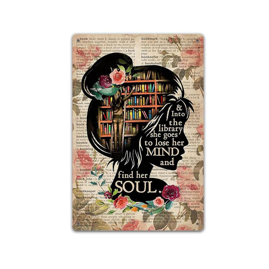Books Into The Library Vertical Poster, Girl Love Books Vintage Wall Art, Book Lover, Book Dictionary Poster,Retro Vintage Tin Sign, Wall Metal Signs Posters for Home Kitchen Diner-12x16inch(30x40cm)