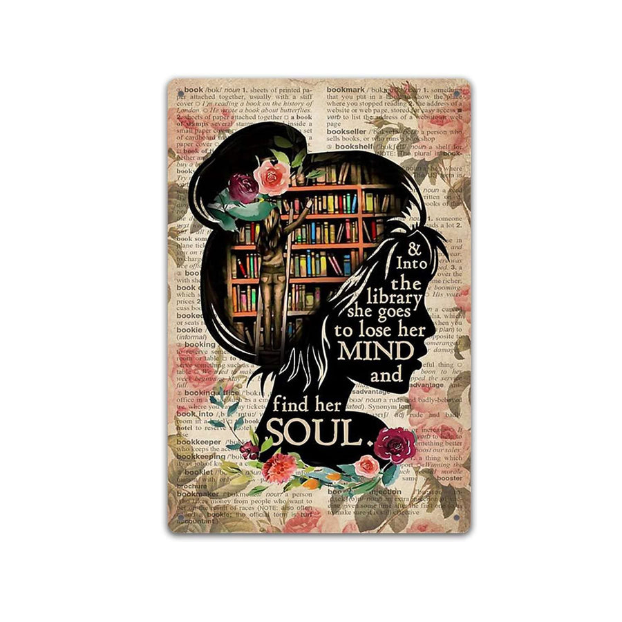 Books Into The Library Vertical Poster, Girl Love Books Vintage Wall Art, Book Lover, Book Dictionary Poster,Retro Vintage Tin Sign, Wall Metal Signs Posters for Home Kitchen Diner-12x16inch(30x40cm)