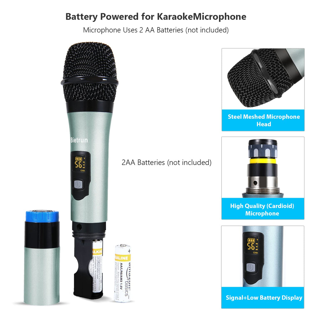 Wireless Microphone with Bluetooth&amp;Echo/Treble/Bass, 165 ft Range, UHF Dual Handheld Cordless Dynamic Mic System for PA System/AMP/Home TV Karaoke/Bluetooth Speaker/(1/4&#39;&#39;&amp;1/8‘’AUX Interface)