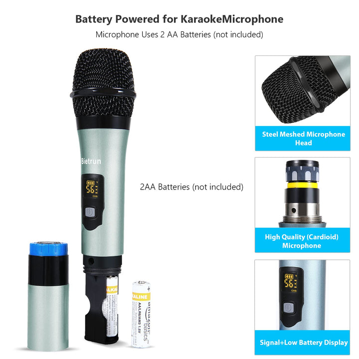 Wireless Microphone with Bluetooth&amp;Echo/Treble/Bass, 165 ft Range, UHF Dual Handheld Cordless Dynamic Mic System for PA System/AMP/Home TV Karaoke/Bluetooth Speaker/(1/4&#39;&#39;&amp;1/8‘’AUX Interface)