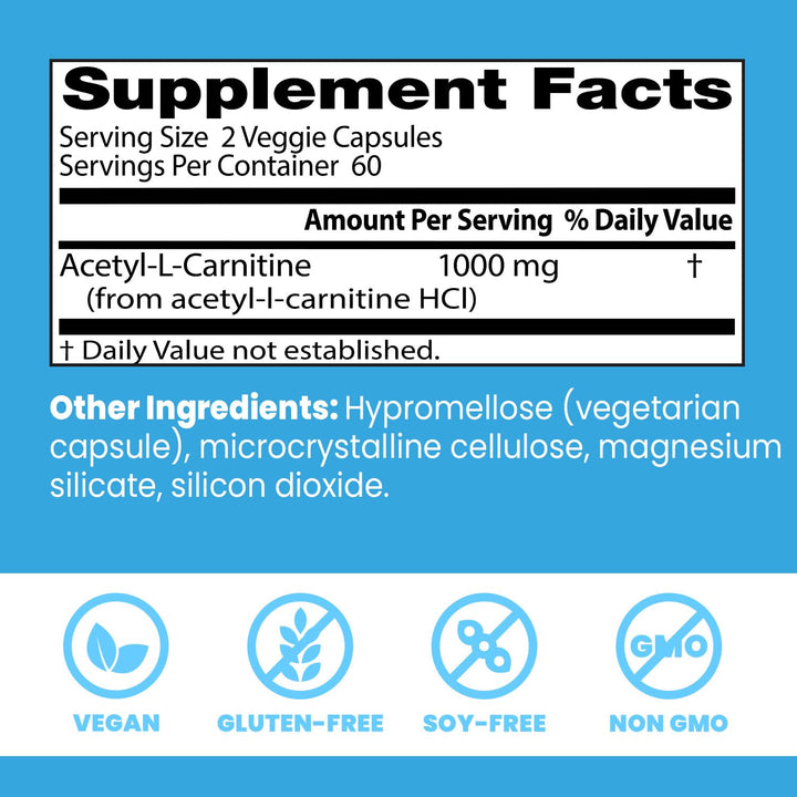 Doctors Best Acetyl-L-Carnitine, Supports Mental Focus &amp; Alertness, Non-GMO, Gluten Free, Soy Free, Vegan 120 Veggie Caps