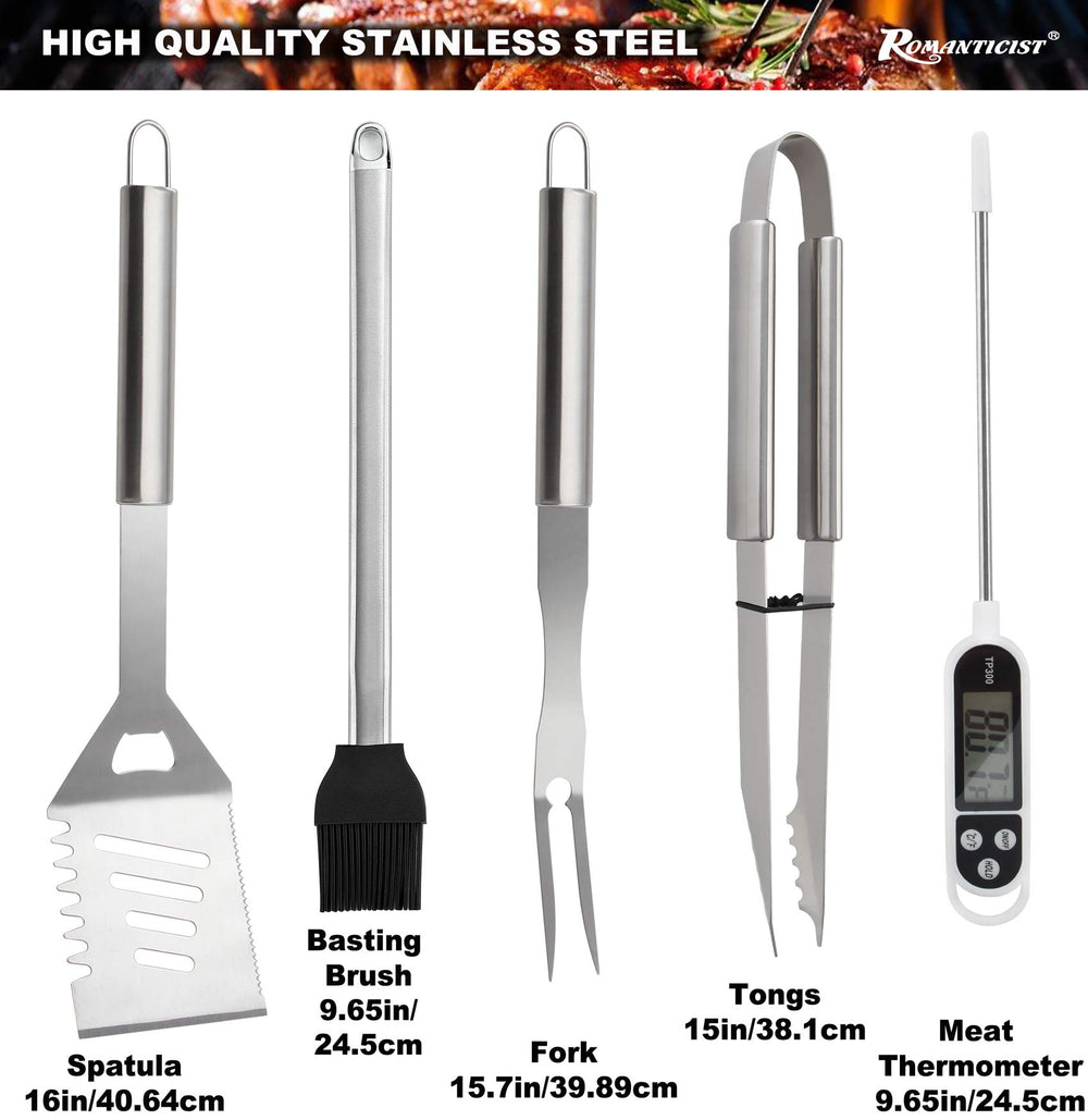 28pc BBQ Accessories Set with Thermometer - The Very Best Grill Gift on Birthday Wedding - Heavy Duty Stainless Steel Grill Set in Case for Outdoor Cooking Camping Grilling Smoking