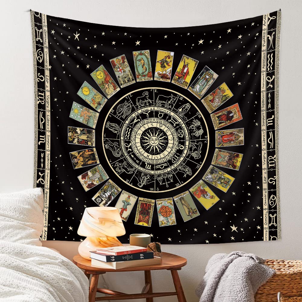 Spiritual Tapestry Star Tarot Card Tapestry Zodiac Astrology Tapestry Witch Constellation Tapestry Aesthetic Tapestry Wall Hanging for Teen Girl&#39;s Bedroom (Black 29x39 inches)