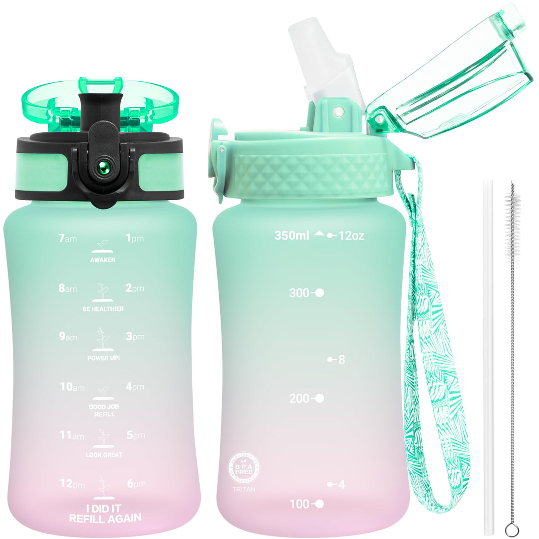 Kids Water Bottle for School, 12 oz (2 lids) BPA-Free Reusable Leak-proof Durable Tritan Plastic Water Bottles with Straw &amp; Chug Lids, Anti-dust Spout Cover (Mintpink)