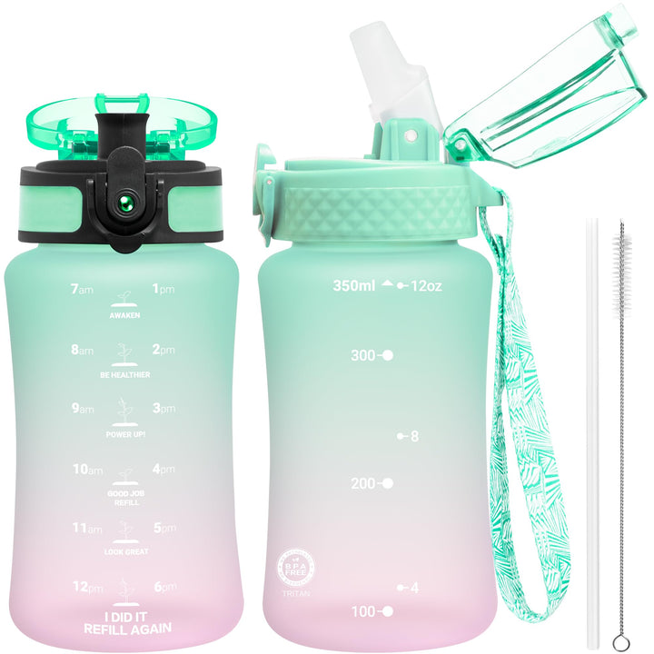 Kids Water Bottle for School, 12 oz (2 lids) BPA-Free Reusable Leak-proof Durable Tritan Plastic Water Bottles with Straw &amp; Chug Lids, Anti-dust Spout Cover (Mintpink)