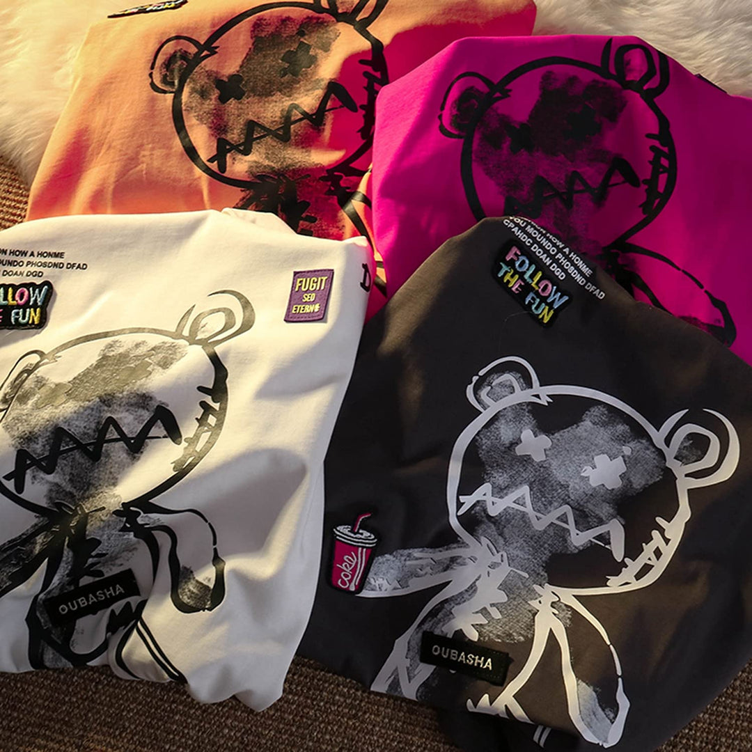 Women Goth T shirt Y2K Harajuku Graphic Tops Cotton Anime Clothes (Grey, L)