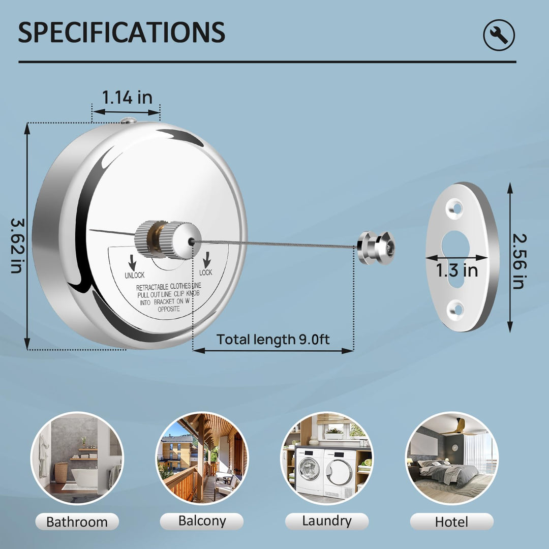 Retractable Clothesline 9.0 Feets, 304 Stainless Steel Clothes Line Dryer with Heavy Duty Adjustable Stainless Steel Rope String for Hanging Drying Bathroom, Laundry, Hotel, Indoor &amp; Outdoor