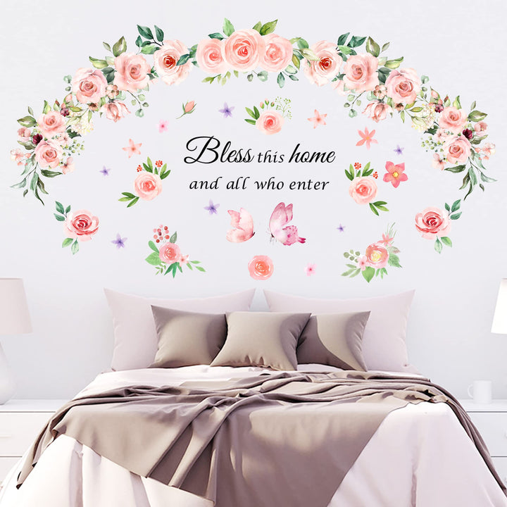 Floral Wall Decals Stickers Bless This Home and All Who Enter Decor Quotes Saying Wall Stickers Rose Peony Pink Flower Wall Decals Blossom Butterfly Decal for Girls Woman Bedroom Living Room Home