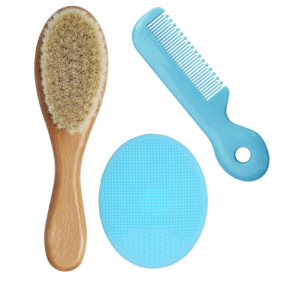 Baby Hair Brush with Wooden Handle&Silicone Baby Cradle Cap Brush Set, for Newborns & Toddlers-Natural Soft Goat Bristles-Ideal for Cradle Cap-Perfect Baby Registry Gift