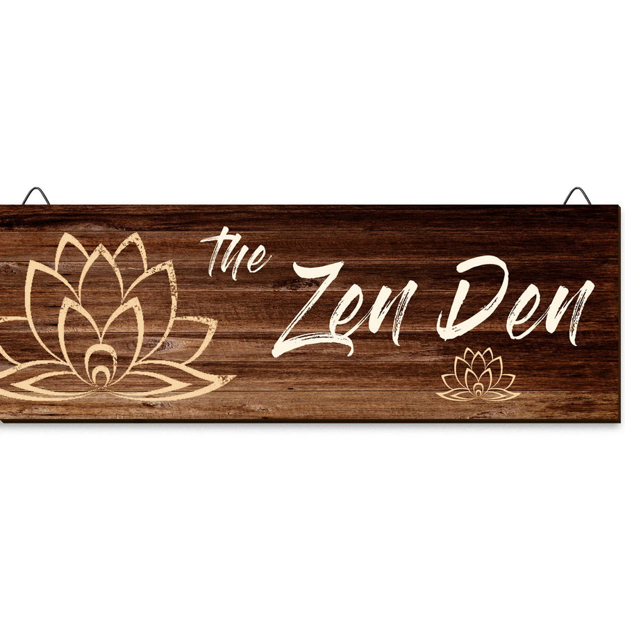 The Zen Den Wooden Wall Sign, 13.7 x 4.7 Inches Hippie Room Decoration with Hooks, Hanging Meditation Accessories Decor for Chakra, Spiritual Room Accents