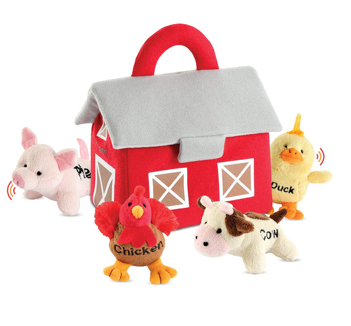 Plush Farm Animal Toys with Realistic Sounds - Plushie Play Set with Barn Carrier