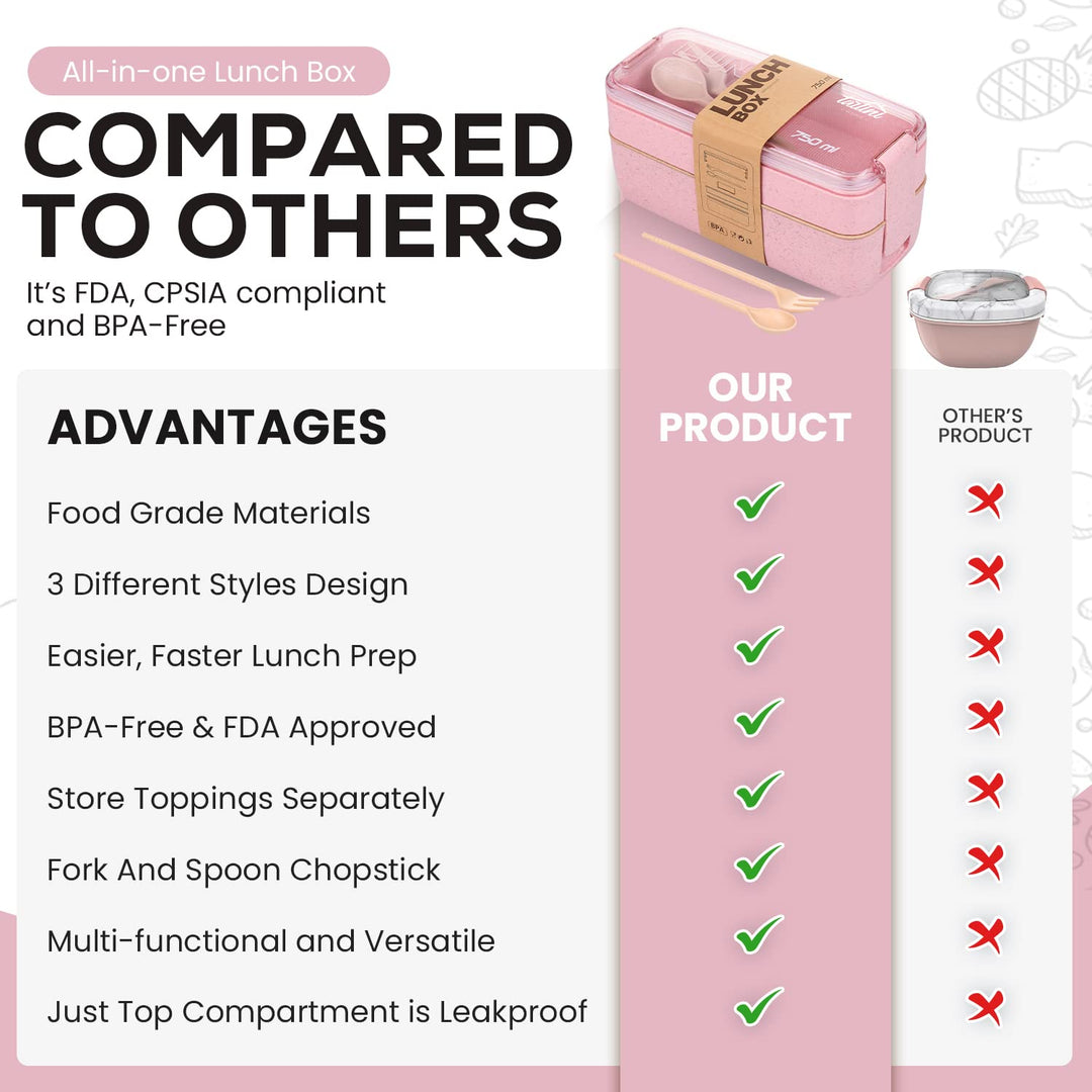 TARLINI | Pink Stackable Bento Box for Meal Prep - Eco-Friendly Design - Ideal for Work &amp; On-The-Go - Includes Utensil Set - Compact &amp; Convenient Lunch Containers | 25.36 OZ
