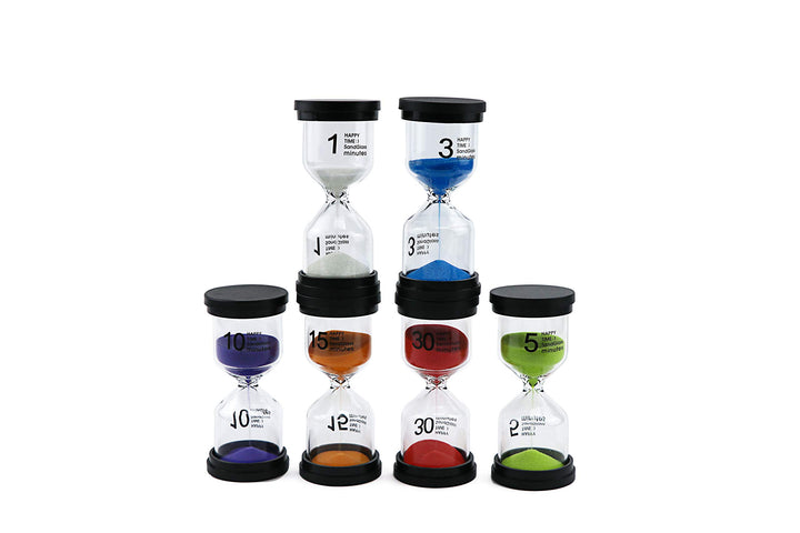 6Pcs--Sand Timers-Small Black Cover Hourglass-6 Color Hourglass Set Includes 1 Minute, 3 Minutes, 5 Minutes, 10 Minutes, 15 Minutes, 30 Minutes