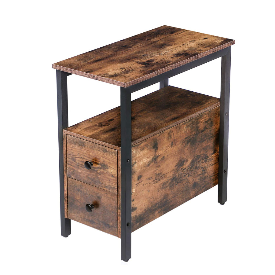 End Table, Narrow Chairside Table with Drawer and Open Storage Shelf, Nightstand for Small Spaces, Stable and Sturdy Construction, Wood Look Accent Furniture, Rustic Brown and Black BF548BZ01G2