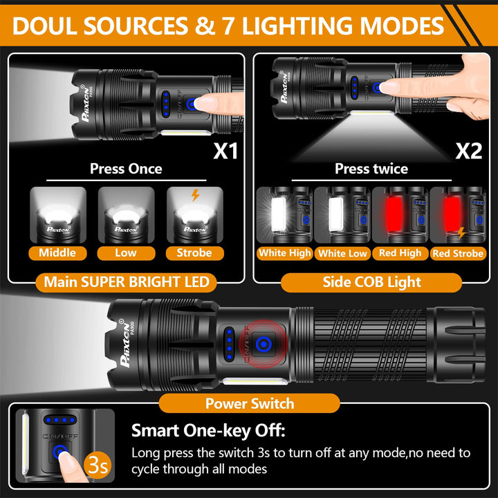 Flashlights Rechargeable LED High Lumens, Powerful 900,000 Lumen Flashlight, High Power Heavy Duty Red &amp; White Flash Lights, Double Source, for Men Gift Emergency Hiking Work