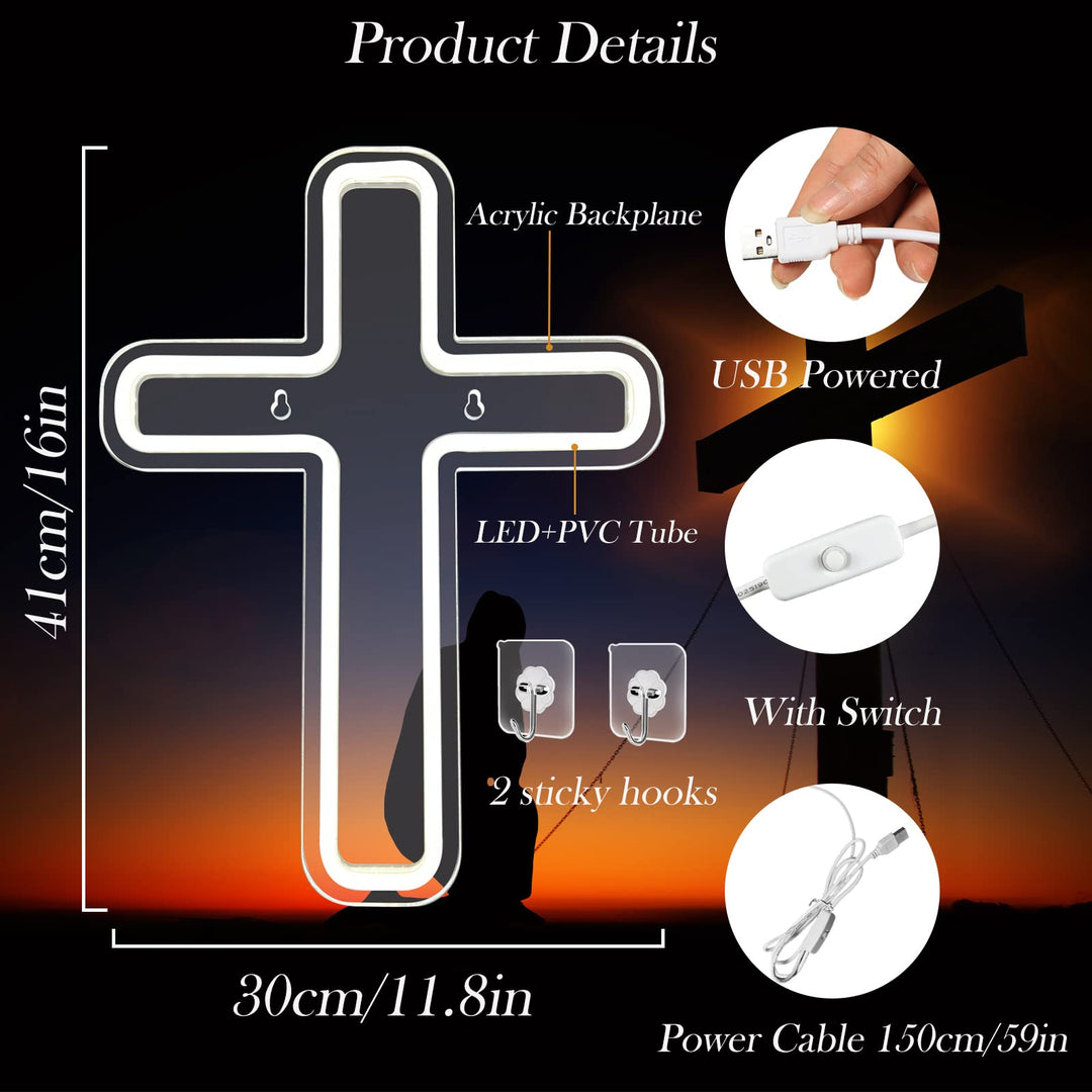 Jesus Christ Cross Neon Signs, Cross Jesus Neon Sign Light Home Decoration, Wall Mounted God Holy Jesus Cross for Home Weddings Party Meditation Easter Present Decoration White