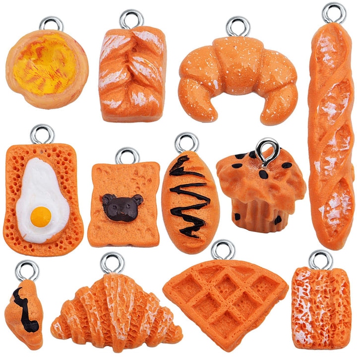 24pcs Mixed Imitation Food Charms Resin Loaf Bread Baking Baguette Cake Croissant Waffle Egg Tart Dangle Pendants Ornament for DIY Necklace Keychain Jewelry Making