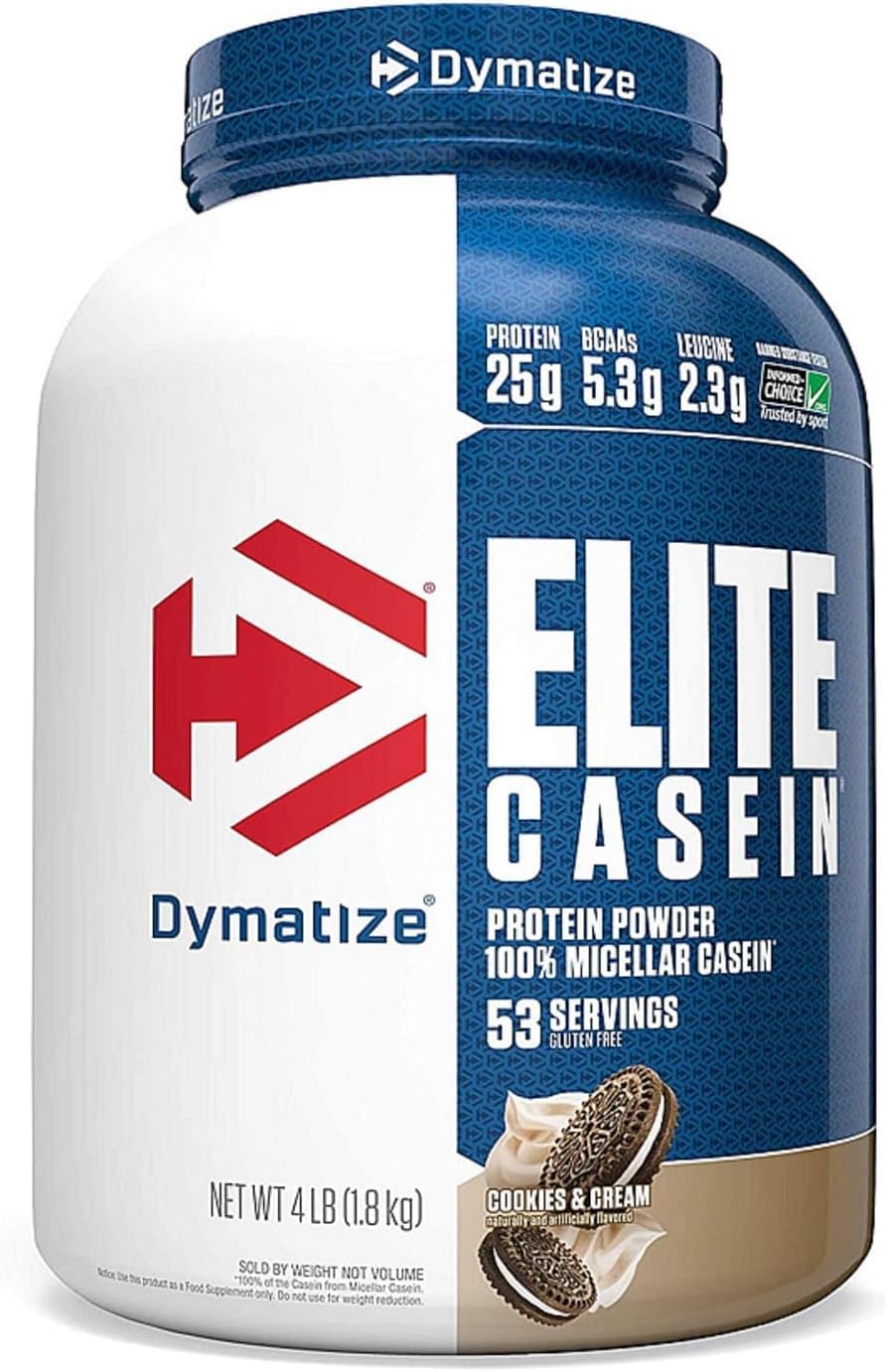 Elite Casein Protein Powder, Slow Absorbing with Muscle Building Amino Acids, 100% Micellar Casein, 25g Protein, 5.4g BCAAs &amp; 2.3g Leucine, Helps Overnight Recovery, Cookies &amp; Cream, 4 Pound