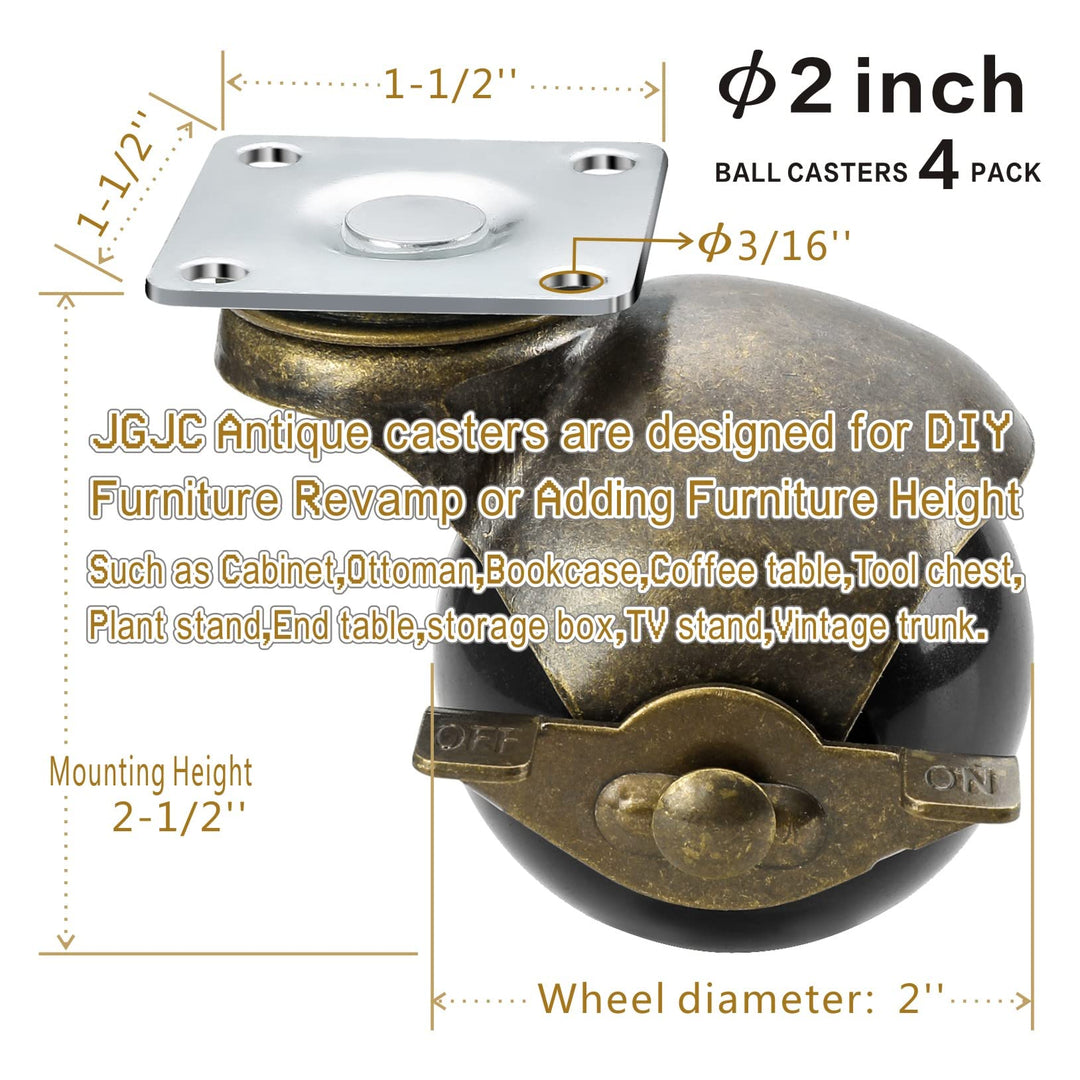 JGJC Casters Set of 4, Antique Brass Casters with Brake, 2 Inch Ball Castor Wheels for Furniture Casters Vintage Wheels Heavy Duty, Table Caster with 360 Degree Swivel Top Plate