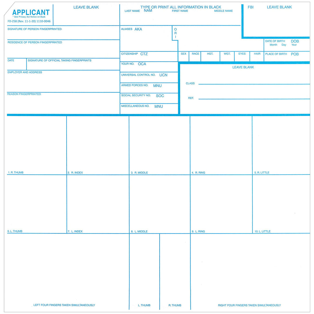Fingerprint Cards, Applicant FD-258, 5 Cards