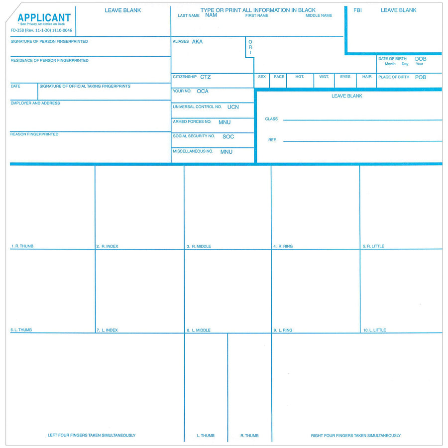 Fingerprint Cards, Applicant FD-258, 5 Cards