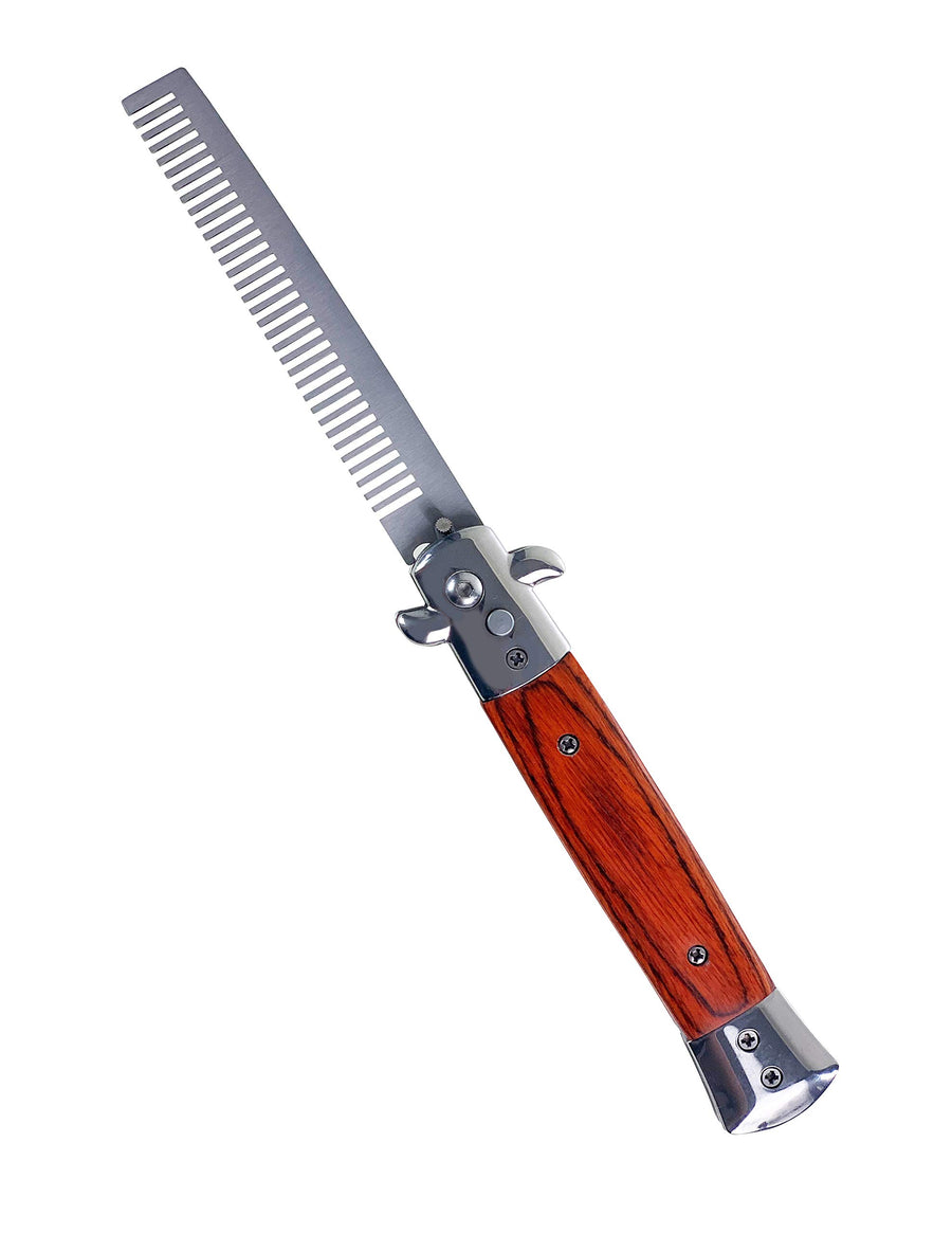 Pocket Knife Hair Brush Automatic Push Button Folding Barber (Wood Grain)