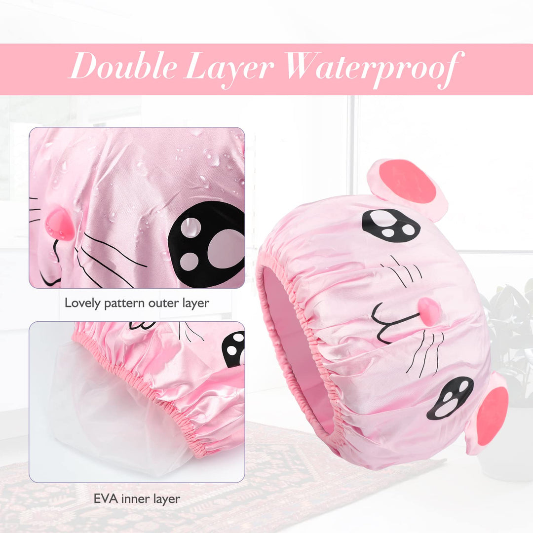 First Kitchen 2 Pieces Cute Kids Shower Cap, Funny Cartoon Bath Hat, Boys Or Girls Waterproof Shower Bath Caps (Gray Mouse + Pink Pig)