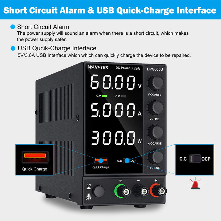 DC Power Supply Variable, Adjustable Switching Regulated Power Supply (0-60 V 0-5 A) with 4-Digits LED Display, Beach Power Supply with USB Quick-Charge Interface, Short Circuit Alarm
