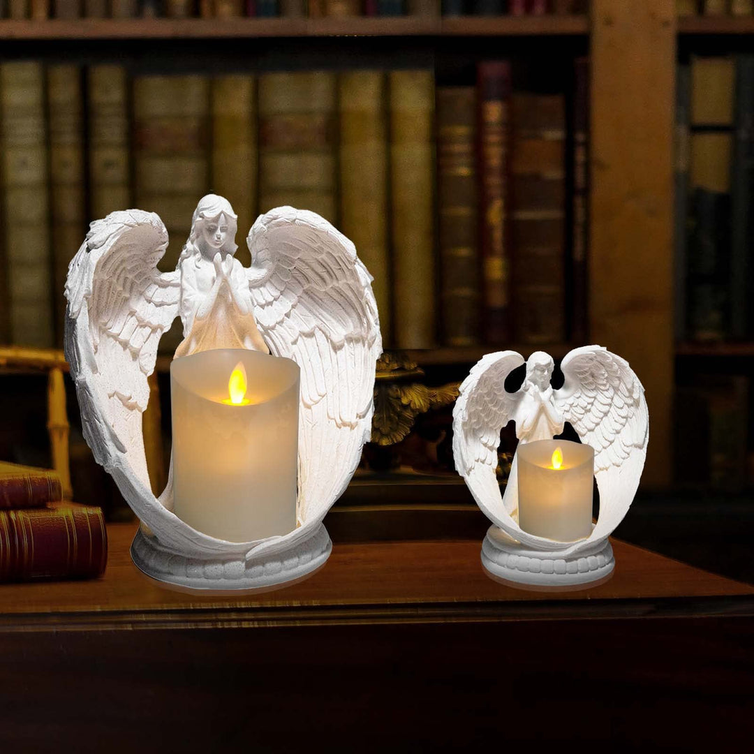 Starry White Angel Wing Praying Sandstone Statue Angel Figurine Prayer Home Decoration Memorial LED Candle Holder 6Inch (Sandstone Process)