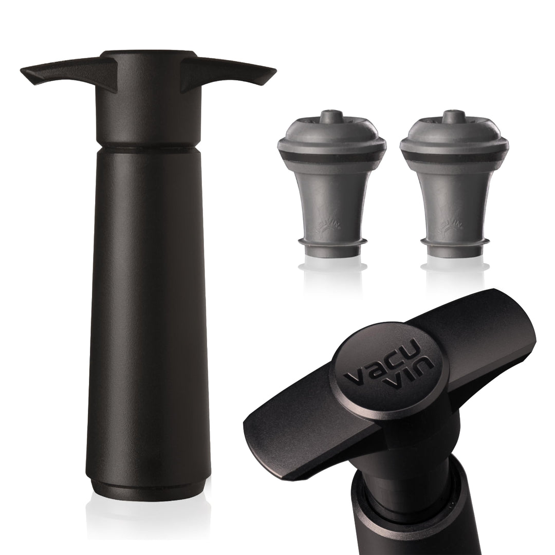 Wine Saver Pump Black with Vacuum Wine Stopper - Keep Your Wine Fresh for up to 10 Days - 1 Pump 2 Stoppers - Reusable - Made in the Netherlands