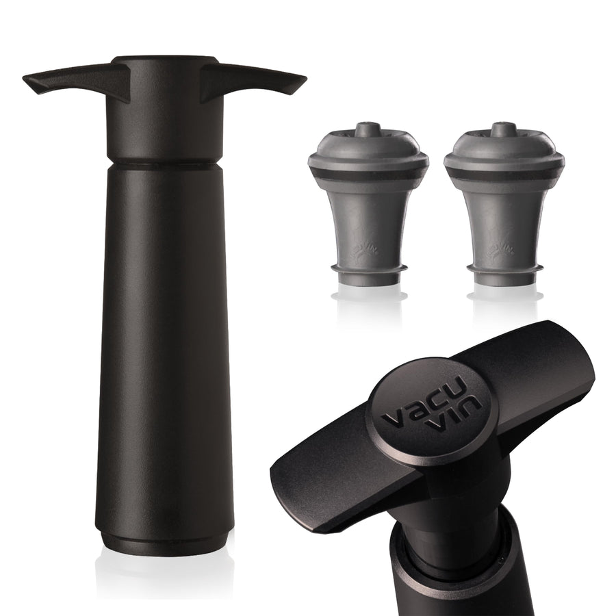 Wine Saver Pump Black with Vacuum Wine Stopper - Keep Your Wine Fresh for up to 10 Days - 1 Pump 2 Stoppers - Reusable - Made in the Netherlands