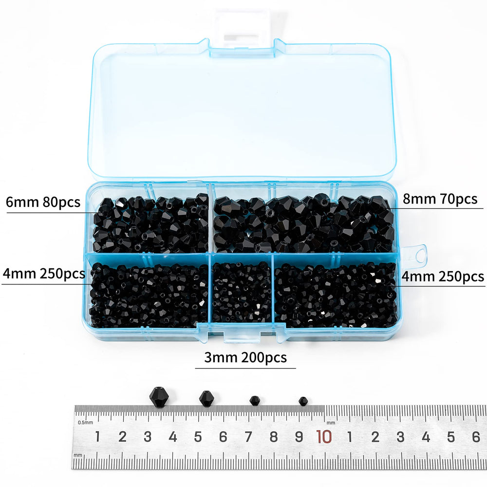Bicone Crystal Beads for Jewelry Making, Lot 850pcs 3mm 4mm 6mm 8mm Black Faceted Bicone Shaped Glass Beads for DIY Craft Bracelets Necklaces Earrings Suncatcher Beading
